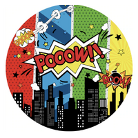 COMIC BOOK SUPERHEROES BOOM POW CITY NIGHT SCAPE PARTY SUPPLIES ROUND BIRTHDAY PERSONALISED BANNER BACKDROP DECORATION