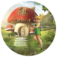 DISNEY TINKERBELL MAGIC FAIRY MUSHROOM HOUSE PARTY SUPPLIES ROUND BIRTHDAY PERSONALISED BANNER BACKDROP DECORATION