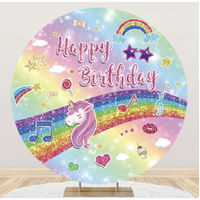 UNICORN GLITTER RAINBOW MUSIC STARS HEARTS CUPCAKES PARTY SUPPLIES ROUND BIRTHDAY PERSONALISED BANNER BACKDROP DECORATION