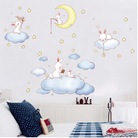 WHITE RABBITS ON CLOUDS NIGHT SKY STARS CRESCENT MOON 3D WALL STICKER DECORATION MURAL ART DECAL