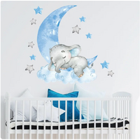 ELEPHANT SLEEPING ON CRESCENT MOON CLOUDS BLUE STARS 3D WALL STICKER DECORATION MURAL ART DECAL