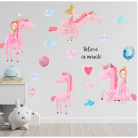 PRINCESS ON HORSE PINK CROWN HEARTS BALLOONS 3D WALL STICKER DECORATION MURAL ART DECAL