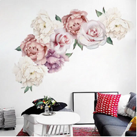 PEONY FLOWERS PLANTS LEAVES PINK PURPLE WHITE 3D WALL STICKER DECORATION MURAL ART DECAL