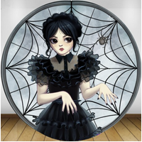 WEDNESDAY ADDAMS FAMILY WINDOW DANCE SPIDERWEB PARTY SUPPLIES ROUND BIRTHDAY PERSONALISED BANNER BACKDROP DECORATION