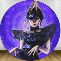 WEDNESDAY HAND ADDAMS FAMILY DANCE NETFLIX PARTY SUPPLIES ROUND BIRTHDAY PERSONALISED BANNER BACKDROP DECORATION