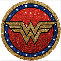 DC WONDER WOMAN GLITTER RED BLUE GOLD PARTY SUPPLIES ROUND BIRTHDAY PERSONALISED BANNER BACKDROP DECORATION