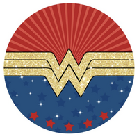 DC WONDER WOMAN BELT LOGO RED BLUE GOLD STARS PARTY SUPPLIES ROUND BIRTHDAY PERSONALISED BANNER BACKDROP DECORATION