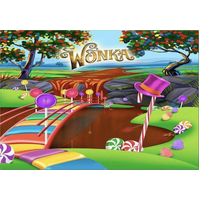 DISNEY WILLY WONKA CHOCOLATE FACTORY RIVER LOLLIPOP PERSONALISED BIRTHDAY PARTY SUPPLIES BANNER BACKDROP DECORATION