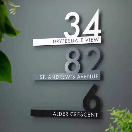 CUSTOM HOUSE OUTSIDE SIGN NUMBER STREET HOUSE ADDRESS GRAY GREY ACRYLIC WHITE TEXT CUT WALL SIGN