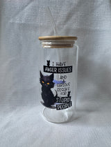 CAT ANGER ISSUES STUPID PEOPLE GLASS JAR TUMBLER CUP WITH LID, STRAW AND BRUSH