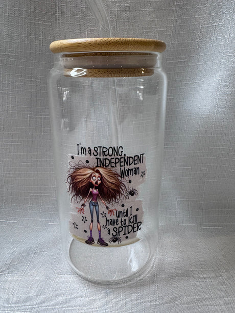 INDEPENDENT WOMAN SPIDER GLASS JAR TUMBLER CUP WITH LID, STRAW AND BRUSH