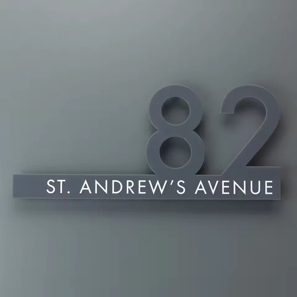 CUSTOM HOUSE OUTSIDE SIGN NUMBER STREET HOUSE ADDRESS GRAY GREY ACRYLIC WHITE TEXT CUT WALL SIGN