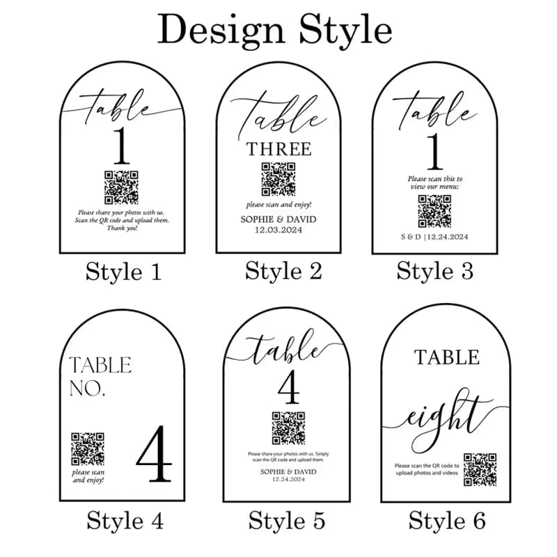 Six arched table place card designs labeled Style 1 through Style 6 on a white background, with black text and QR code placeholders.