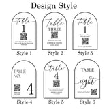 Six arched table place card designs labeled Style 1 through Style 6 on a white background, with black text and QR code placeholders.