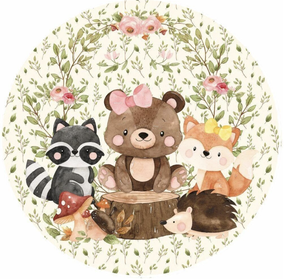 ANIMALS WOODLAND GATHERING FOX RACOON BEAR BOWS PARTY ROUND BIRTHDAY BANNER