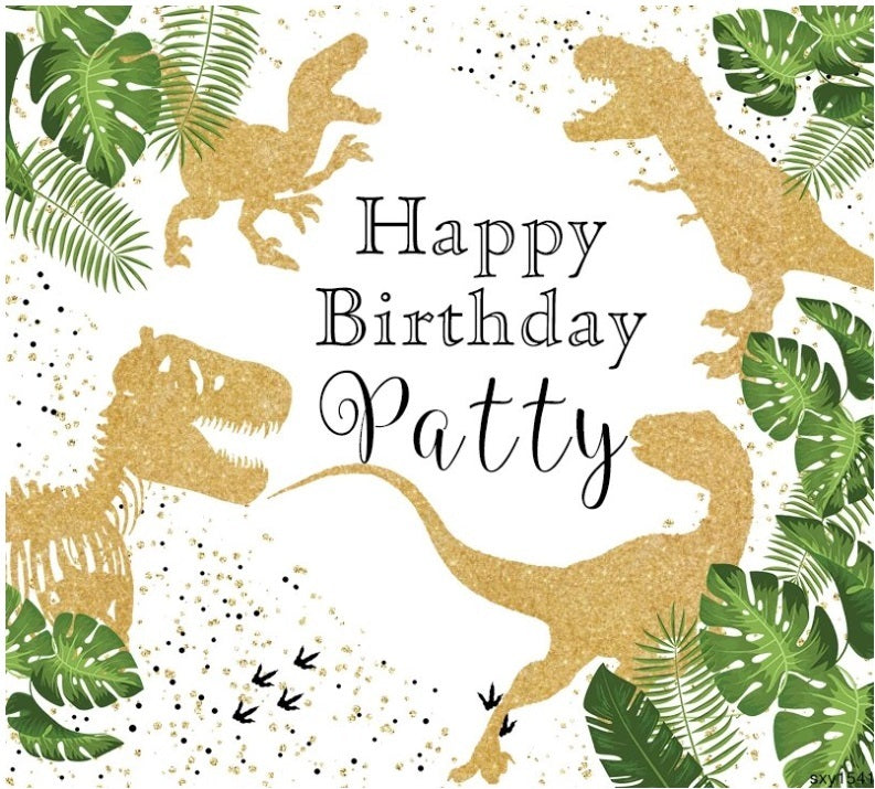 DINOSAUR GREEN GOLD GLITTER JUNGLE PERSONALISED BIRTHDAY PARTY BANNER BACKDROP