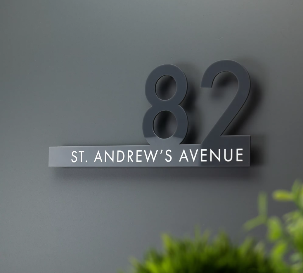 CUSTOM HOUSE OUTSIDE SIGN NUMBER STREET HOUSE ADDRESS GRAY ACRYLIC WHITE TEXT CUT WALL SIGN