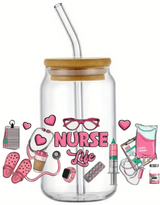 NURSE LIFE MEDICAL GIFT GLASS JAR TUMBLER CUP WITH LID, STRAW AND BRUSH