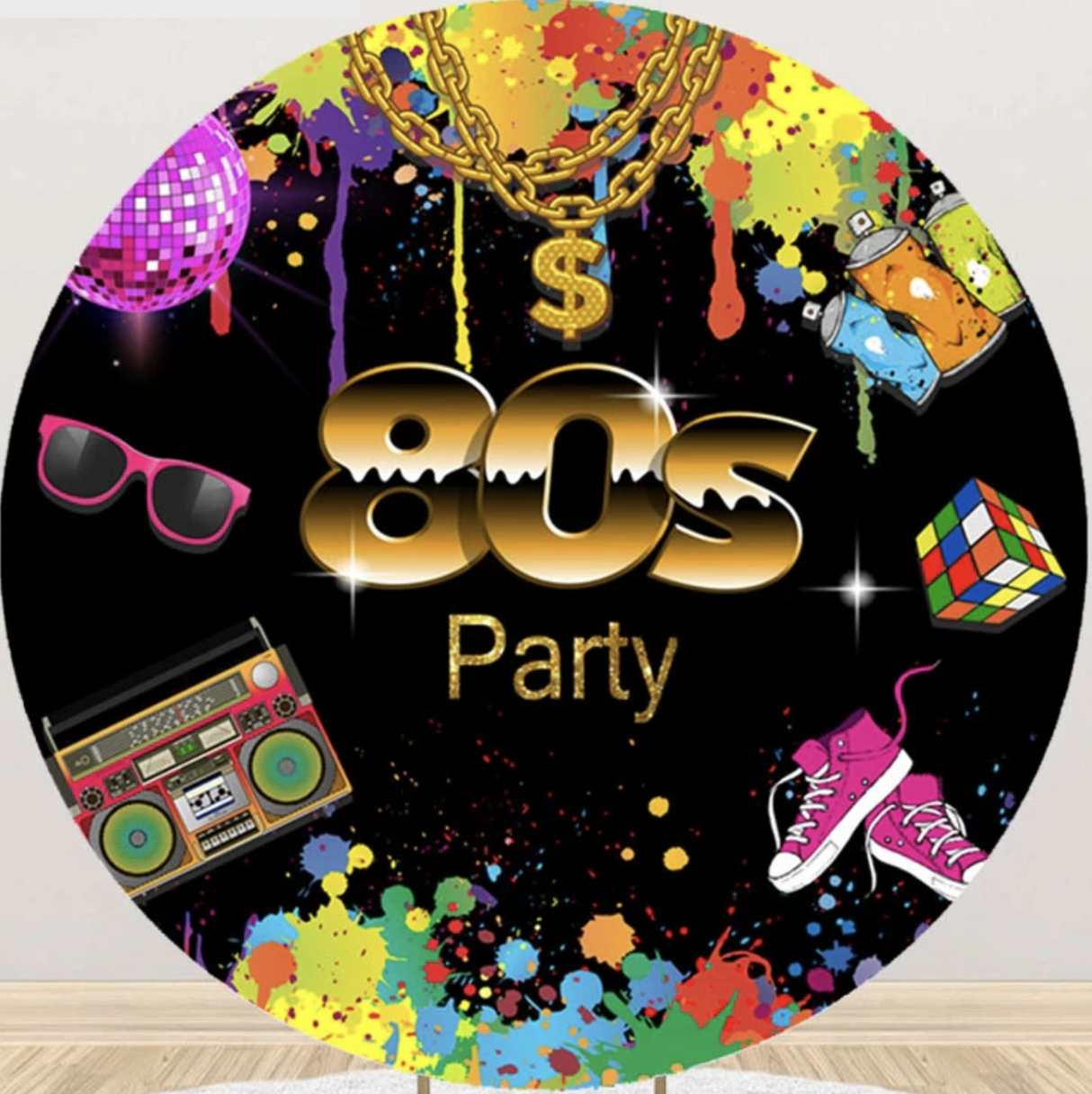 GRAFFITI 80S RADIO RUBIX CUBE DISCO PARTY ROUND BIRTHDAY BANNER BACKDROP