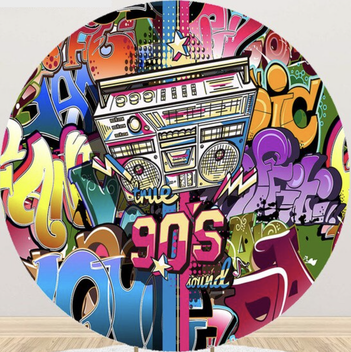 GRAFFITI RADIO 90S 80S MUSIC PARTY ROUND BIRTHDAY PERSONALISED BANNER BACKDROP