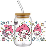 MY MELODY DONUT CANDY GLASS JAR TUMBLER CUP WITH LID, STRAW AND BRUSH