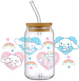 CINNAMOROLL BLUE PINK GLASS JAR TUMBLER CUP WITH LID, STRAW AND BRUSH