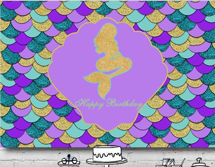 MERMAID PURPLE GOLD PERSONALISED BIRTHDAY PARTY BANNER BACKDROP DECORATION