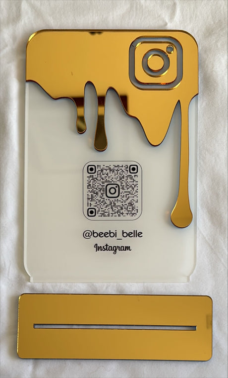 BUSINESS QR CODE SCANNING SIGN SOCIAL MEDIA BOARD PLAQUE RECTANGLE WHITE GOLD SILVE