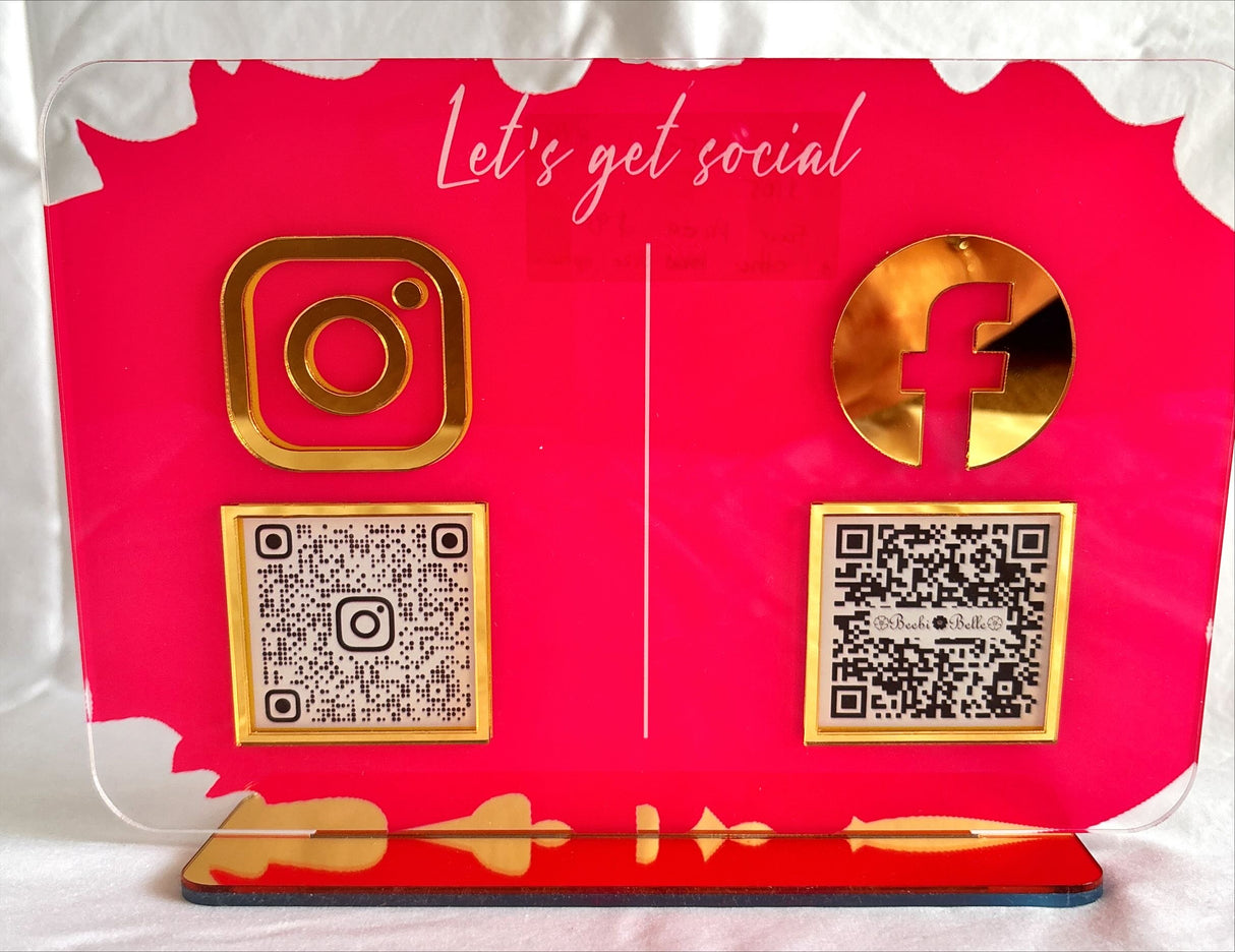 BUSINESS MULTI QR CODE SCANNING SIGN SOCIAL MEDIA BOARD PLAQUE RECTANGLE DEEP PINK GOLD