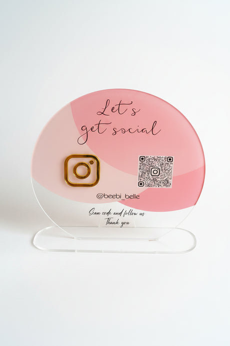 Round Pink & Gold QR Code Social Media Sign | Custom Acrylic Plaque