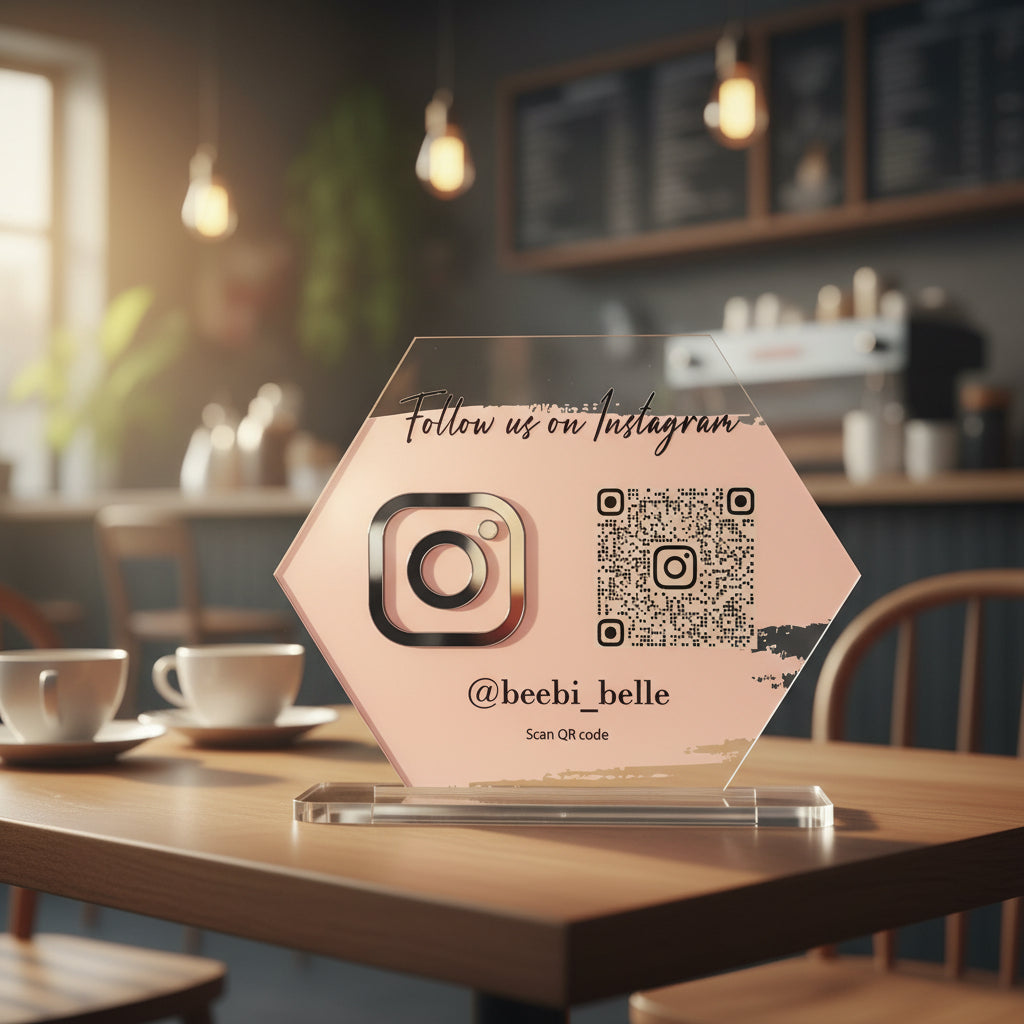 BUSINESS QR CODE SCANNING SIGN SOCIAL MEDIA BOARD PLAQUE HEXAGON BABY PINK SILVER