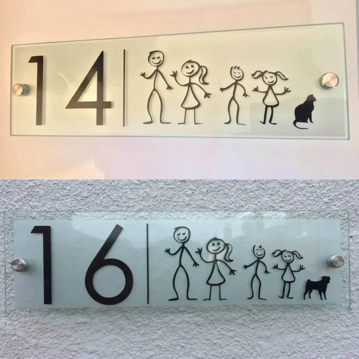 MODERN HOUSE SIGN FAMILY MEMBERS PLAQUE DOOR NUMBER STICK MAN GLASS ACRYLIC