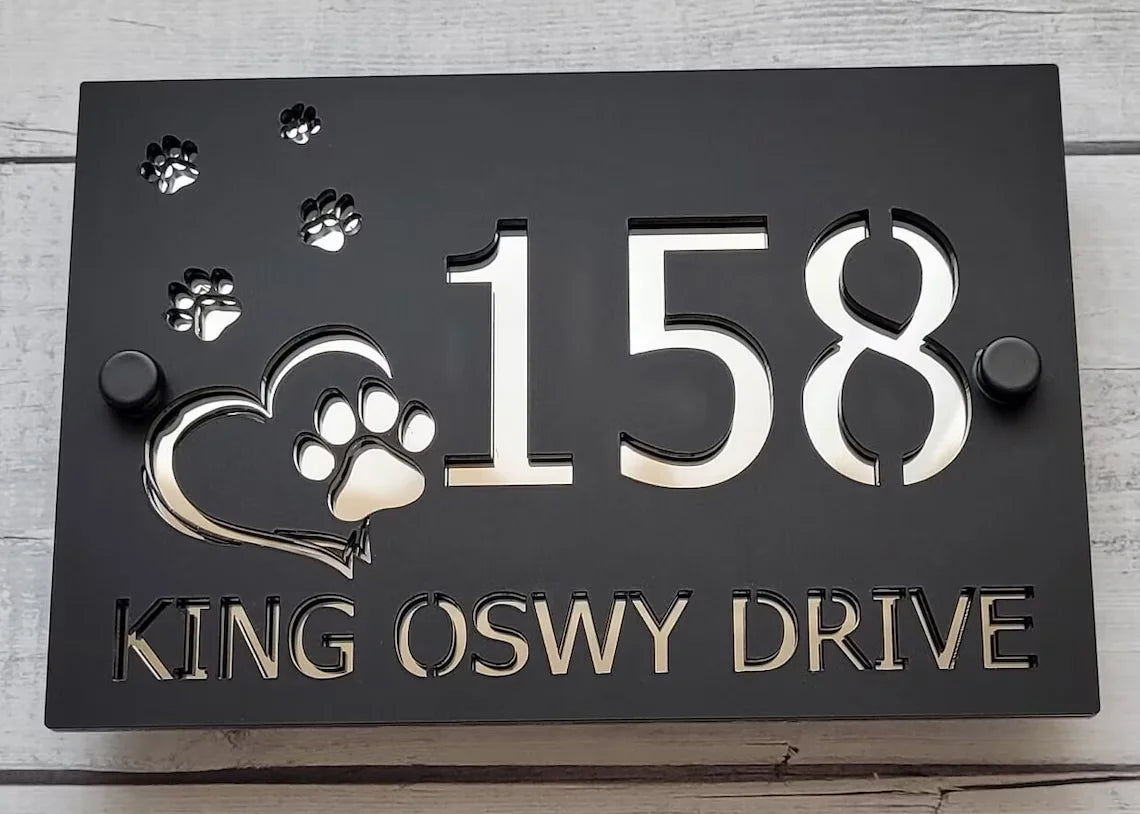 CUSTOM MODERN ACRYLIC HOUSE NUMBER STREET ADDRESS SIGN PAWS HEART PET SIGN