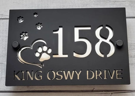 CUSTOM MODERN ACRYLIC HOUSE NUMBER STREET ADDRESS SIGN PAWS HEART PET SIGN