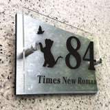 HOUSE SIGN ADDRESS MODERN SILVER ACRYLIC ALUMINIUM CAT HOUSE PAWS FLOWER NUMBER LASER CUT