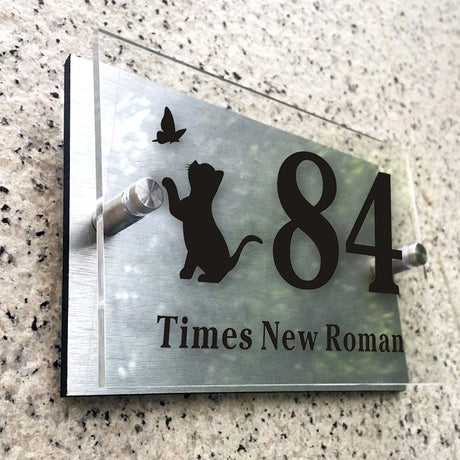 HOUSE SIGN ADDRESS MODERN SILVER ACRYLIC ALUMINIUM CAT HOUSE PAWS FLOWER NUMBER LASER CUT