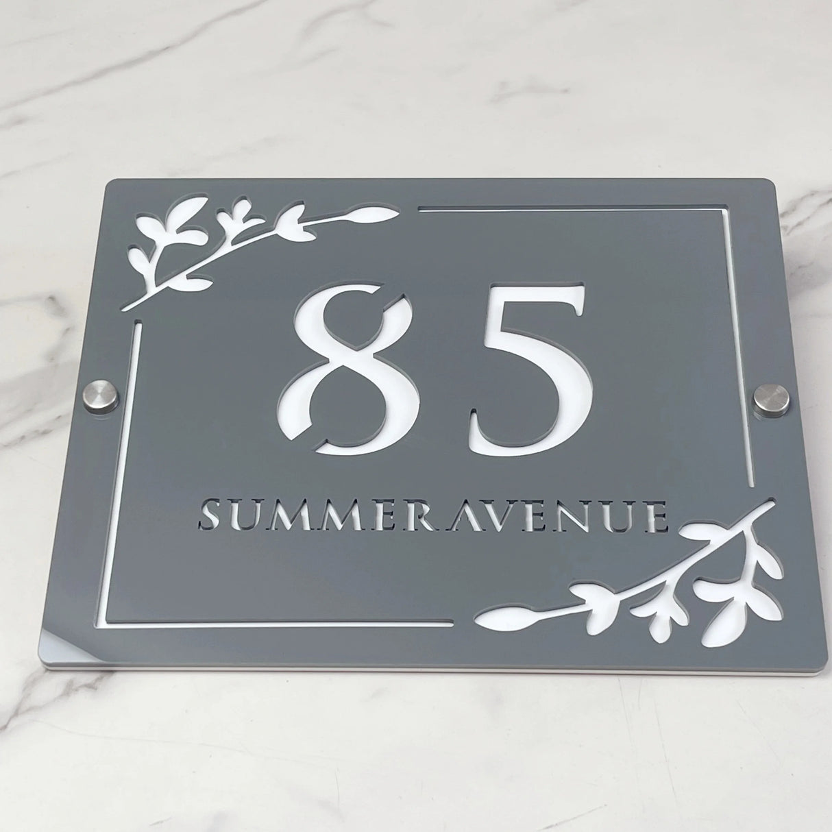 HOUSE SIGN ADDRESS CUSTOM SIGN LASER CUT ACRYLIC LEAF SCREWS NUMBER PLAQUE