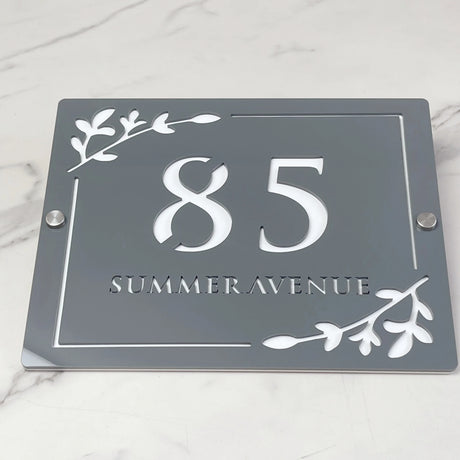 HOUSE SIGN ADDRESS CUSTOM SIGN LASER CUT ACRYLIC LEAF SCREWS NUMBER PLAQUE