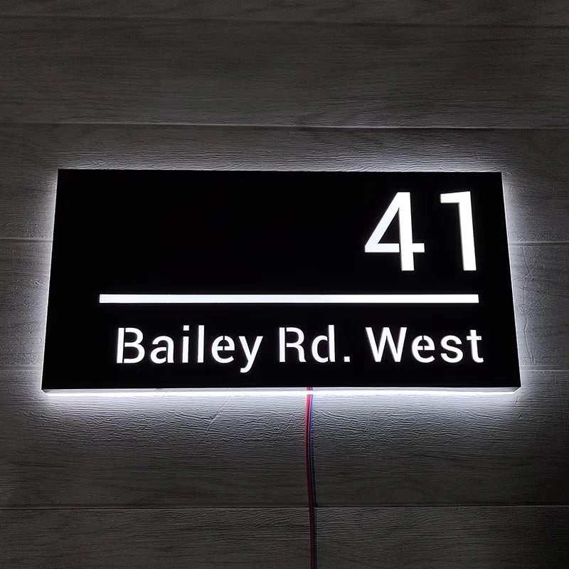 Custom LED House Number Sign | Black Stainless Steel Backlit Plaque