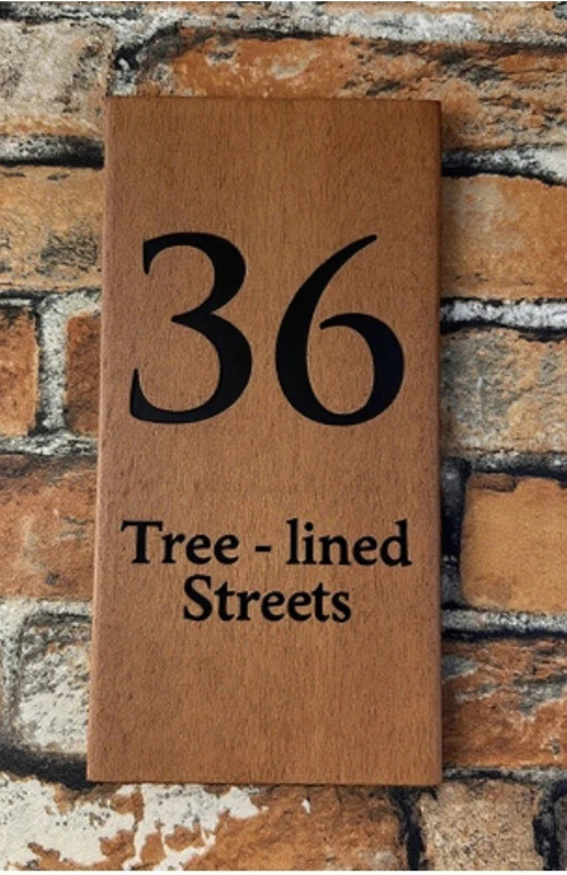 VERTICAL WOODEN WOOD LASER ENGRAVED OUTDOOR HOUSE SIGN NUMBER STREET HOUSE ADDRESS MAIL PLAQUE