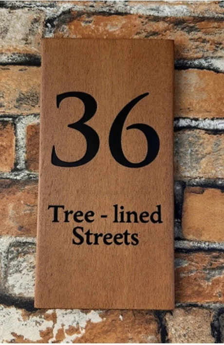 VERTICAL WOODEN WOOD LASER ENGRAVED OUTDOOR HOUSE SIGN NUMBER STREET HOUSE ADDRESS MAIL PLAQUE