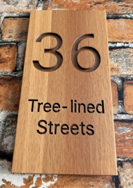 VERTICAL WOODEN WOOD LASER ENGRAVED OUTDOOR HOUSE SIGN NUMBER STREET HOUSE ADDRESS MAIL PLAQUE