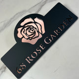 HOUSE SIGN ADDRESS CUSTOM SIGN FLOWER ROSE LASER CUT ACRYLIC NUMBER SILVER/ BLACK NAILS PLAQUE