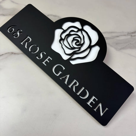 HOUSE SIGN ADDRESS CUSTOM SIGN FLOWER ROSE LASER CUT ACRYLIC NUMBER SILVER/ BLACK NAILS PLAQUE