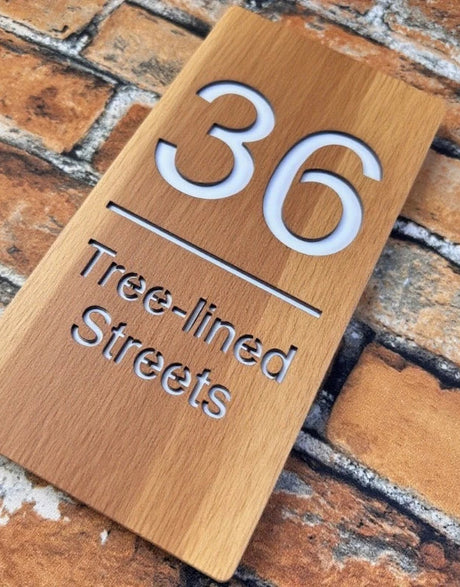 VERTICAL WOODEN WOOD LASER ENGRAVED OUTDOOR HOUSE SIGN NUMBER STREET HOUSE ADDRESS MAIL PLAQUE
