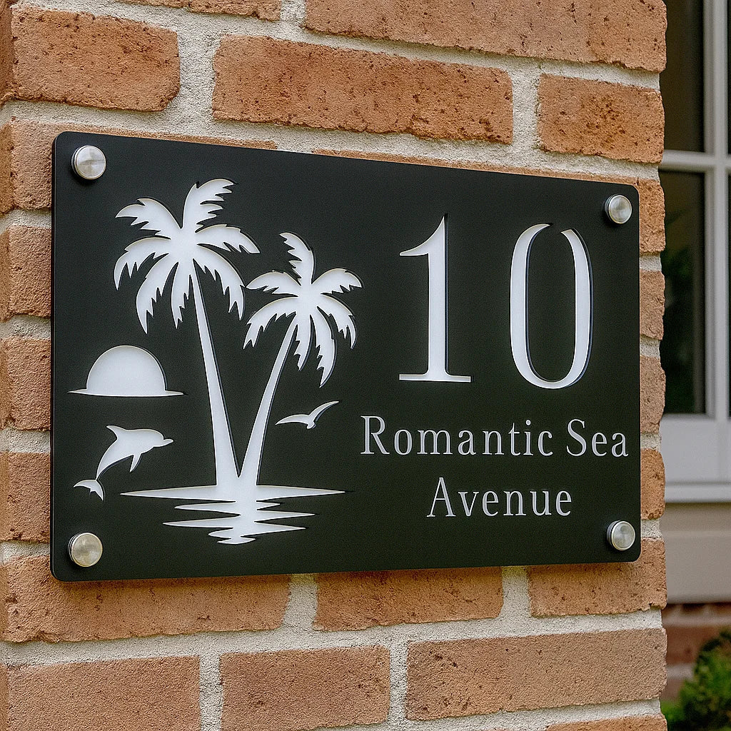 CUSTOM ISLAND PALM TREE SUNRISE DOLPHIN ACRYLIC HOUSE NUMBER SIGN SILVER SCREWS