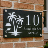 CUSTOM ISLAND PALM TREE SUNRISE DOLPHIN ACRYLIC HOUSE NUMBER SIGN SILVER SCREWS