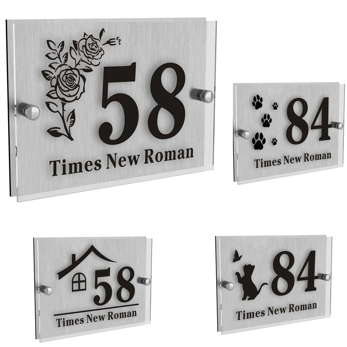 HOUSE SIGN ADDRESS MODERN SILVER ACRYLIC ALUMINIUM CAT HOUSE PAWS FLOWER NUMBER LASER CUT