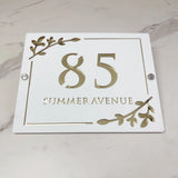 HOUSE SIGN ADDRESS CUSTOM SIGN LASER CUT ACRYLIC LEAF SCREWS NUMBER PLAQUE