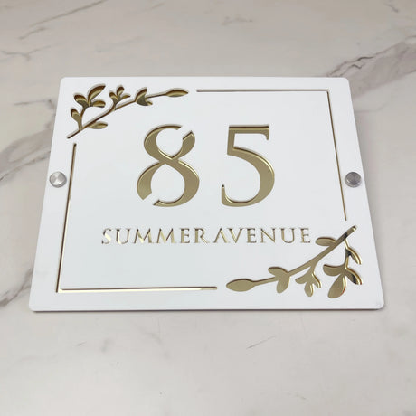 HOUSE SIGN ADDRESS CUSTOM SIGN LASER CUT ACRYLIC LEAF SCREWS NUMBER PLAQUE